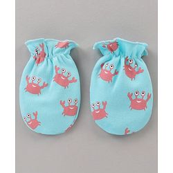 Babyhug 100% Cotton Cap Mitten Booties Set Crab Printed Blue - Diameter 11 cm
