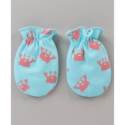 Babyhug 100% Cotton Cap Mitten Booties Set Crab Printed Blue - Diameter 11 cm