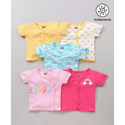 Babyhug 100% Cotton Antibacterial Half Sleeves Vests Rainbow Print Pack of 5 - Pink Blue Yellow White
