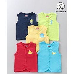 Babyhug 100% Cotton Anti-Bacterial Vests Sea Creatures Print Pack Of 5 - Multicolor