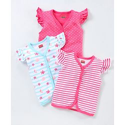 Babyhug 100% Cotton Flutter Sleeves Polka Dots Print & Striped Vest Pack of 3 - Multicolour