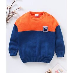 Babyhug Full Sleeves Knit Striped Pullover Text Patch - Navy Blue Orange
