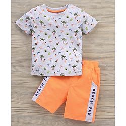 Babyhug Cotton Knit Half Sleeves T-Shirt & Shorts Beach Printed - Grey Orange