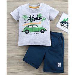 Babyhug Half Sleeves Tee & Shorts Car Print - Light Grey Navy Blue