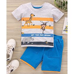 Babyhug Half Sleeves Knit T-Shirt & Shorts Set Animal & Text Print - Dark Blue White