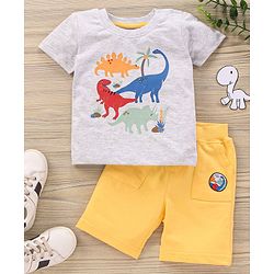 Babyhug Half Sleeves Knit T-Shirt & Shorts Set Dino Print & Patch - Grey Yellow