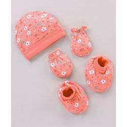 Babyhug 100% Cotton Cap Mitten Booties Set Floral Printed - Pink