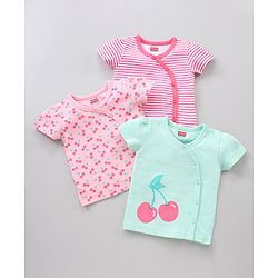 Babyhug Half Sleeves 100% Cotton Vests Stripe And Cherry Print Pack Of 3 - Pink Green