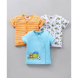 Babyhug Half Sleeves 100% Cotton Vests Tortoise And Stripe Print Pack of 3 - Blue Orange White