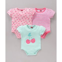 Babyhug 100% Cotton Half Sleeves Cherry Printed and Striped Onesies Pack of 3 - Blue Pink
