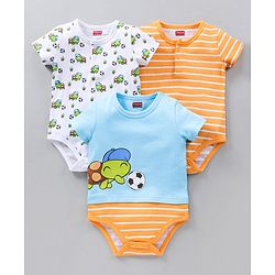 Babyhug 100% Cotton Half Sleeves Onesies Stripes & Turtle Print Pack Of 3 - Orange Blue White