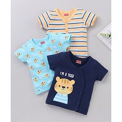Babyhug 100 % Cotton Vests Striped And Cat Print Pack of 3 - Blue Yellow