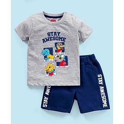 Babyhug 100% Cotton Knit Half Sleeves T-Shirt & Shorts Dino Print - Grey & Blue