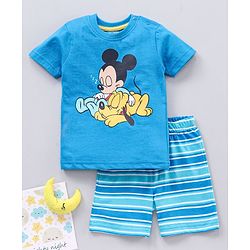 Babyhug Half Sleeves T Shirt with Shorts Mickey Mouse Print - Blue