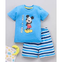 Babyhug Half Sleeves Striped Night Suit Mickey Mouse Print - Blue