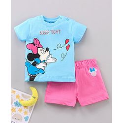 Babyhug Half Sleeves Top & Shorts Nightwear Set Minnie Mouse & Text Print - Blue