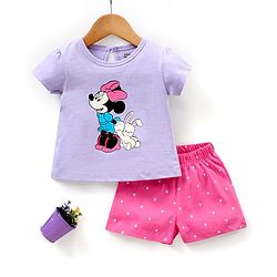Babyhug Cap Sleeves Shorts Set Disney Minnie Mouse & Polka Dot Print - Purple Pink