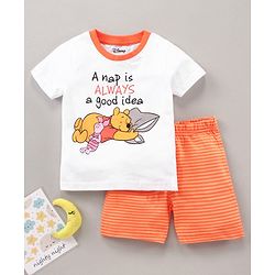 Babyhug Half Sleeves Shorts Night Suit Winnie The Pooh Print - White Orange