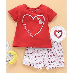 Babyhug Cap Sleeves Cotton Tee & Shorts Set Heart Print - Red