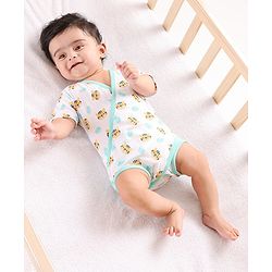 Babyhug Half Sleeves 100% Cotton Onesies with bloomer Cat Print - Blue