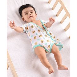 Babyhug Half Sleeves 100% Cotton Onesies with bloomer Cat Print - Blue