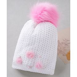 Babyhug Woollen Cap Pom Pom Applique White - Diameter 12 cm