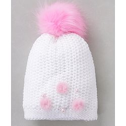 Babyhug Woollen Cap Pom Pom Applique White - Diameter 12 cm