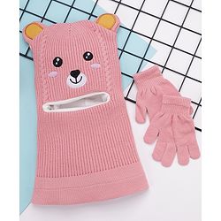 Babyhug Woollen Cap & Gloves Sets With Teddy Face Embroidery Pink - Circumference 47 cm
