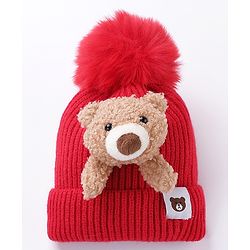 Babyhug Cotton Teddy Applique Cap Red - Diameter 11 cm