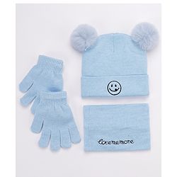 Babyhug Woollen Cap and Gloves Set with Headband Solid Colour Pattern Blue - Diameter 10 cm