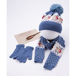 Babyhug Woollen Cap Gloves With Muffler Blue - Cap Diameter 11 cm
