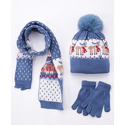 Babyhug Woollen Cap Gloves With Muffler Blue - Cap Diameter 11 cm