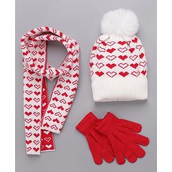 Babyhug Woollen Cap Gloves With Muffler Red - Cap Diameter 11.5 cm