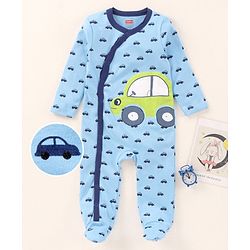 Babyhug Full Sleeves Sleepsuit Car Print - Blue