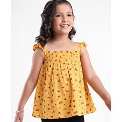 Babyhug 100% Rayon Sleeveless Printed Top with Smocking & Frill Detailing - Yellow
