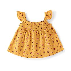 Babyhug 100% Rayon Sleeveless Printed Top with Smocking & Frill Detailing - Yellow