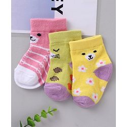 Cute Walk by Babyhug Cotton Knit Regular Length Antibacterial Socks Bear Face Design Pack Of 3 - Multicolour