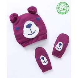 Babyhug 100% Organic Cotton Woollen Cap And Mittens Set Bear Face Print Purple - Diameter 10 cm