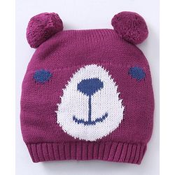 Babyhug 100% Organic Cotton Woollen Cap And Mittens Set Bear Face Print Purple - Diameter 10 cm