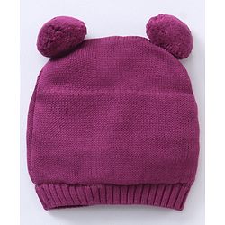 Babyhug 100% Organic Cotton Woollen Cap And Mittens Set Bear Face Print Purple - Diameter 10 cm