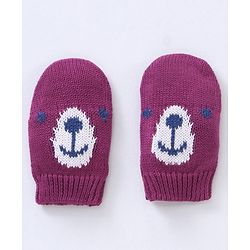 Babyhug 100% Organic Cotton Woollen Cap And Mittens Set Bear Face Print Purple - Diameter 10 cm