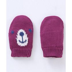 Babyhug 100% Organic Cotton Woollen Cap And Mittens Set Bear Face Print Purple - Diameter 10 cm