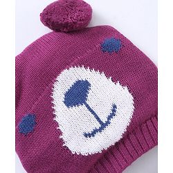 Babyhug 100% Organic Cotton Woollen Cap And Mittens Set Bear Face Print Purple - Diameter 10 cm