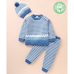 Babyhug 100% Organic Cotton Full Sleeves Baby Sweater Set With Cap Stripes Design- Blue