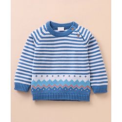 Babyhug 100% Organic Cotton Full Sleeves Baby Sweater Set With Cap Stripes Design- Blue