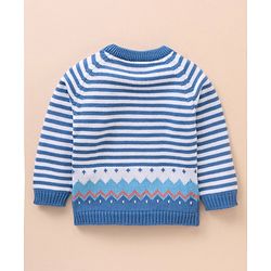 Babyhug 100% Organic Cotton Full Sleeves Baby Sweater Set With Cap Stripes Design- Blue