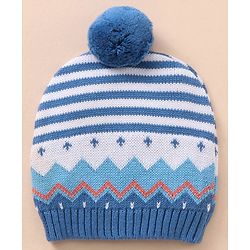 Babyhug 100% Organic Cotton Full Sleeves Baby Sweater Set With Cap Stripes Design- Blue