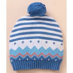 Babyhug 100% Organic Cotton Full Sleeves Baby Sweater Set With Cap Stripes Design- Blue