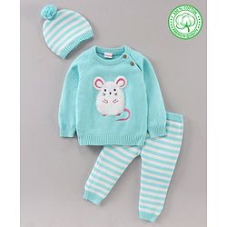 Babyhug 100% Organic Cotton Full Sleeves Stripe Sweater & Lounge Pant With Cap Mouse Embroidery - Blue