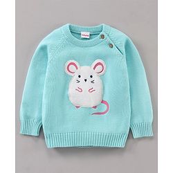Babyhug 100% Organic Cotton Full Sleeves Stripe Sweater & Lounge Pant With Cap Mouse Embroidery - Blue